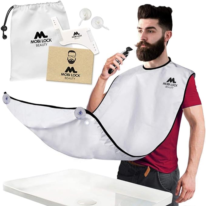 Beard Shaving Catcher Bib – The Smart Way to Shave – Beard Trimming Apron & Shaving Cape – Perfect Grooming Gift or Men's Birthday Gift – Includes Shaping Comb, Bag & Grooming E-Book - by Mobi Lock
