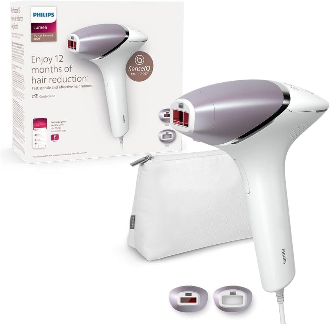 Philips Lumea IPL Hair Removal 8000 Series - Hair Removal Device with SenseIQ Technology, 2 Attachments for Body and Face, Corded Use (Model BRI944/00)