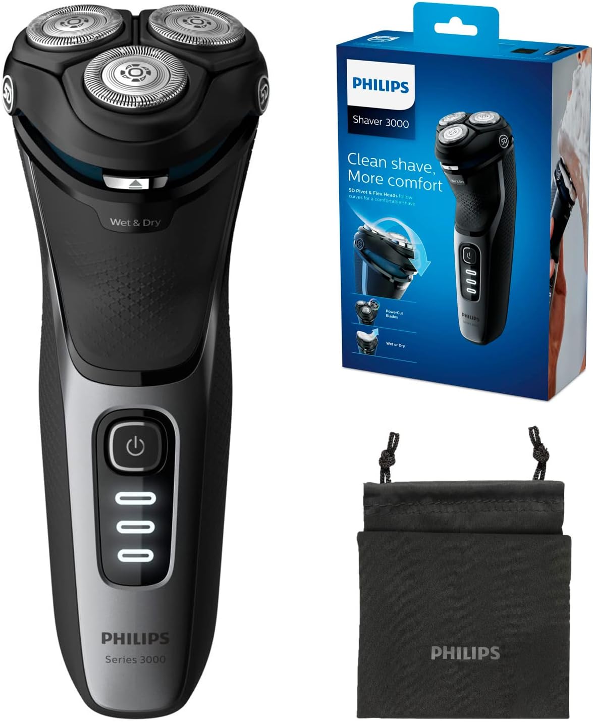 Philips Shaver Series 3000 Dry And Wet Electric Shaver (Model S3233/52), Shiny Black, 2 Pin Bathroom Plug