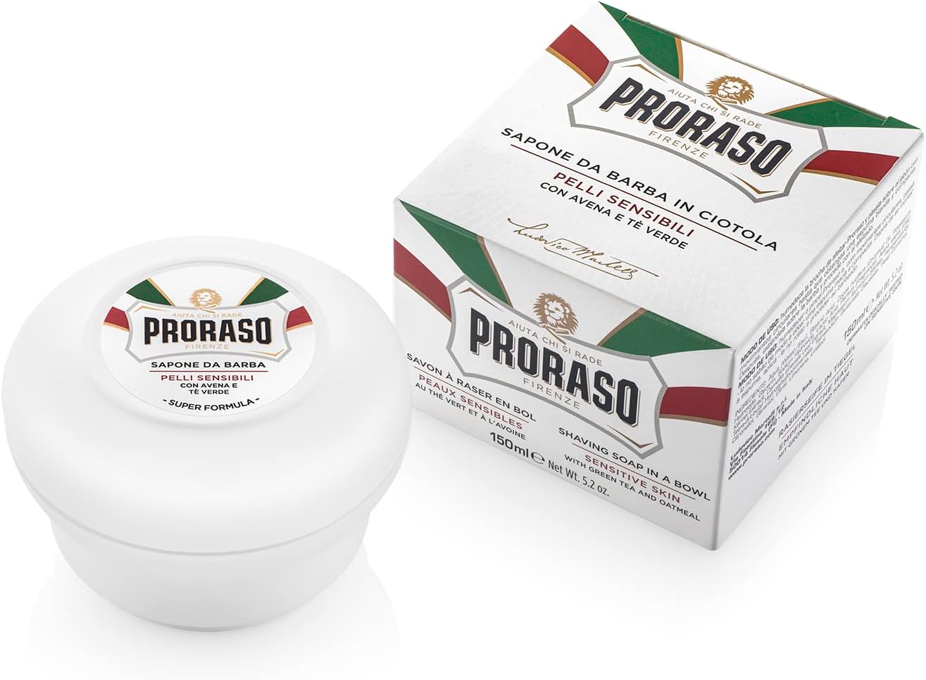 Proraso Shaving Soap in a Bowl, 150ml, Sensitive Skin Shaving Soap with Green Tea and Oat, Made in Italy, White