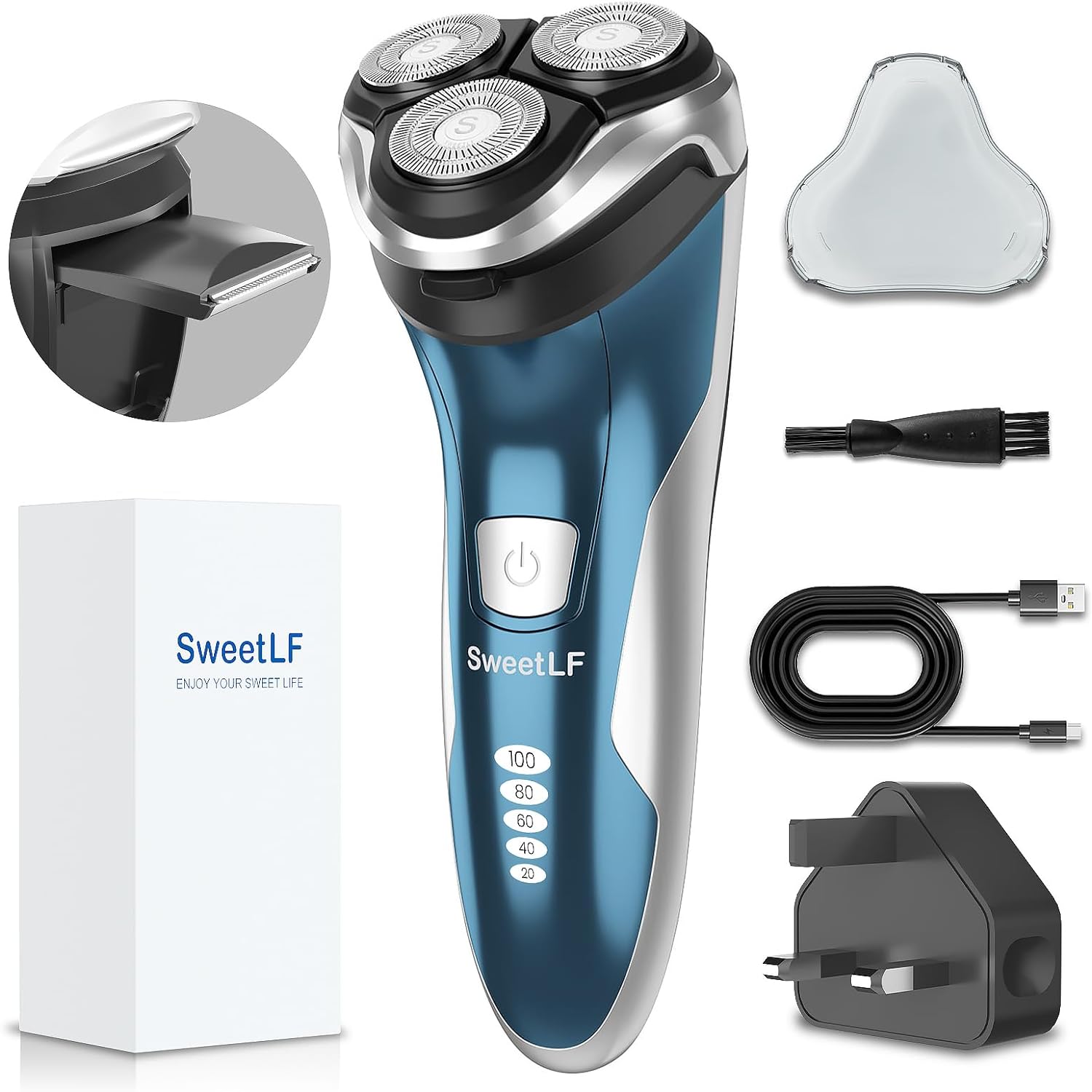 SweetLF Electric Razor for Men (120Mins Shaving Time & Fast UK Adapter 1H Charging ) IPX7 Waterproof Razor Wet & Dry Use Rechargeable 4D Rotary Shaver with Pop Up Trimmer LED Display