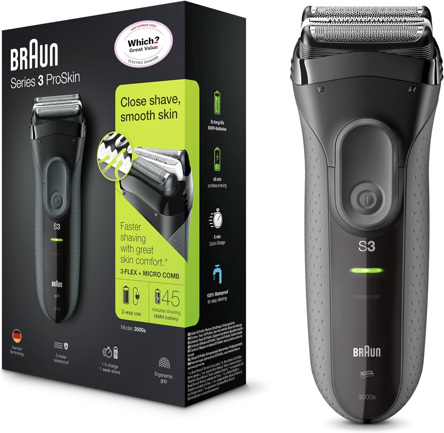 Braun Series 3 ProSkin Electric Shaver For Men With Precision Trimmer, Rechargeable and Cordless, 100% Waterproof, UK 2 Pin Plug, 3000s, Black Razor, Rated Which Great Value