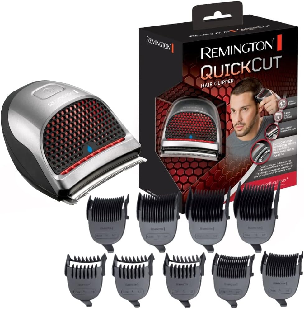 Remington QuickCut Hair Clippers with Curve Cut Blade Technology for a cleaner, more even cut, 9 Guide combs (1.5-15mm), Grading, Tapering & Trimming, Up to 40min usage, Waterproof, Cordless, HC4250
