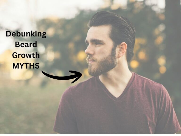 image of man with a beard, arrow between the man and text that says debunking beard growth myths