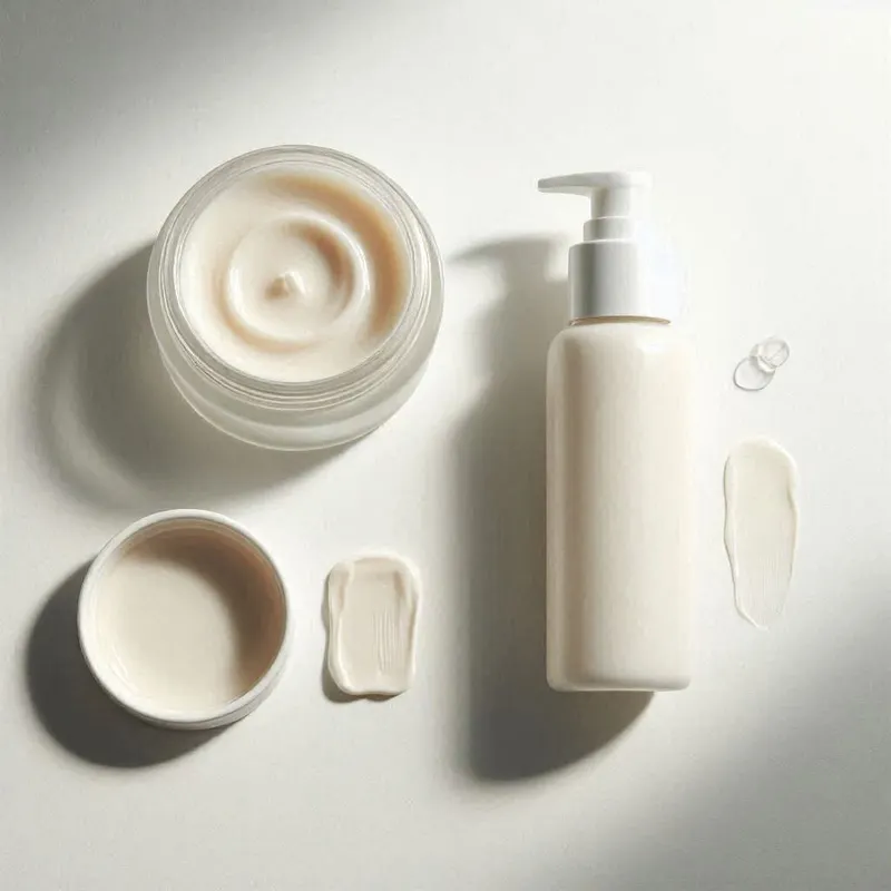 balm in a small jar with a thick creamy texture, and one lotion in a slim bottle with a lighter fluid texture