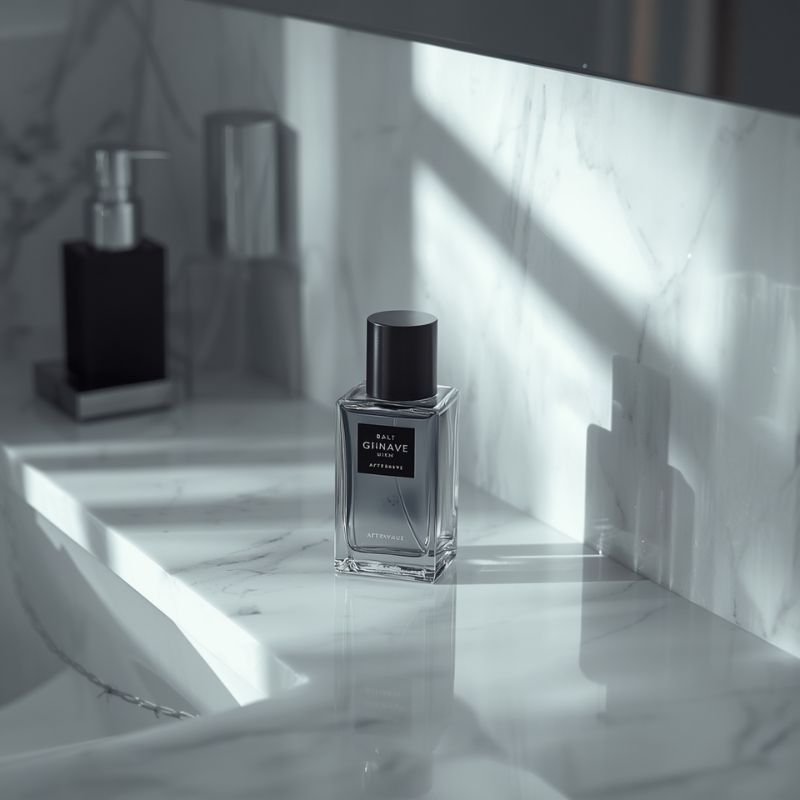 Aftershave bottle on a clean bathroom counter