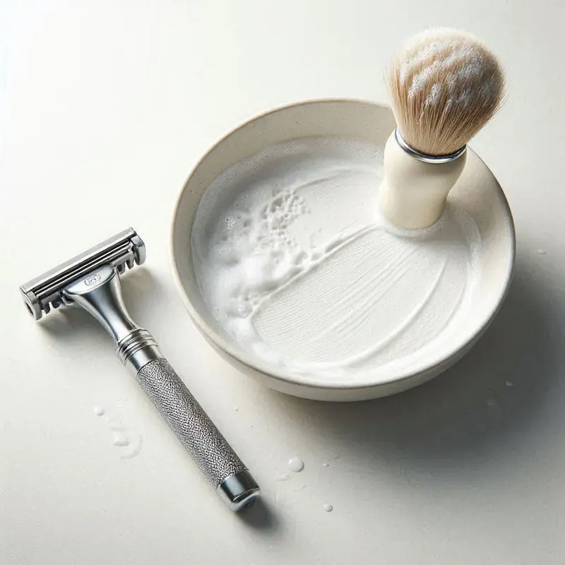 a safety razor, a shaving brush, and a bowl of lather, with a small area of uneven or patchy foam beside a neatly smoothed section to subtly suggest beginner mistakes and corrections
