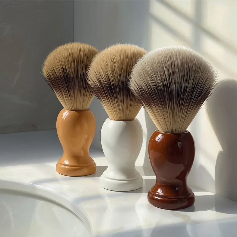 three shaving brushes (badger, boar, synthetic) arranged neatly on a clean bathroom counter