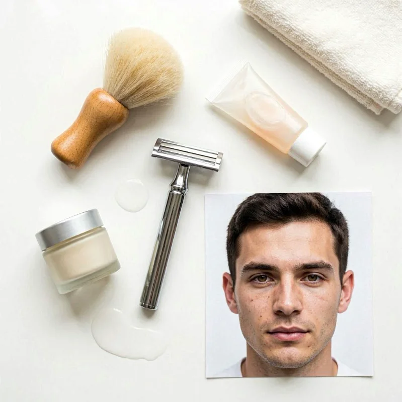 a male with light acne spots along with a mild shaving gel, a soft shaving brush, a safety razor with a clean blade, and a soothing aftershave balm