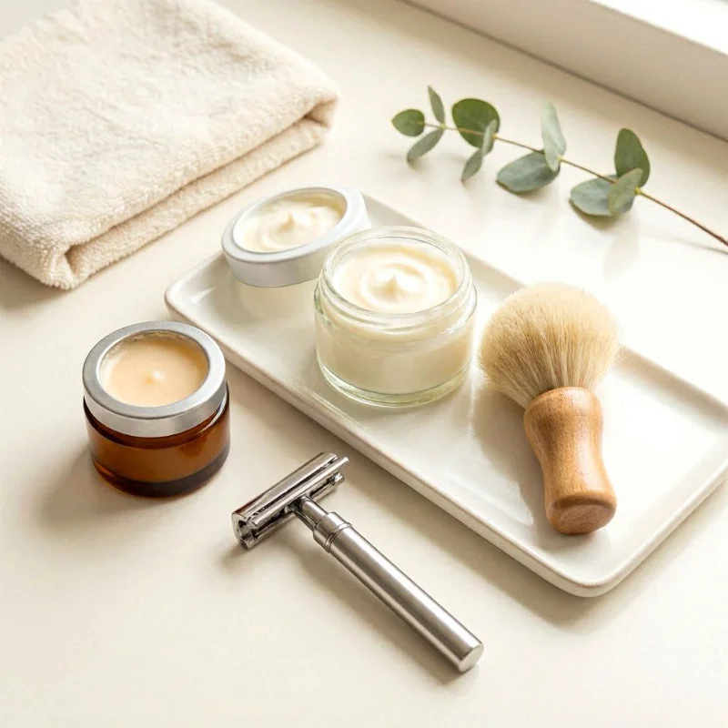 shaving essentials for dry skin including a rich shaving cream, a soft shaving brush, a safety razor, and a nourishing moisturiser or aftershave balm