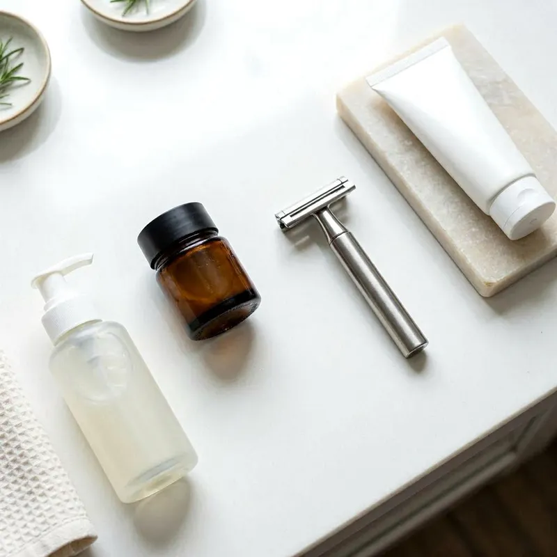 a lightweight shaving gel, a non‑comedogenic pre‑shave gel, a safety razor, and an oil‑free aftershave