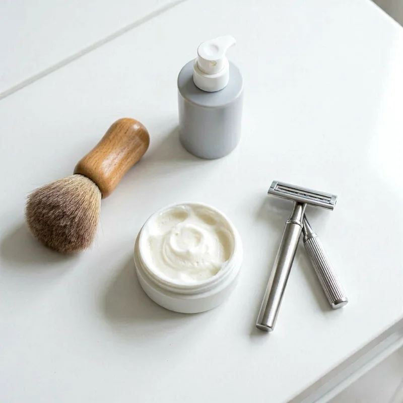 shaving essentials for sensitive skin including a mild shaving cream, a soft shaving brush, a safety razor with a clean blade, and a soothing fragrance‑free aftershave balm