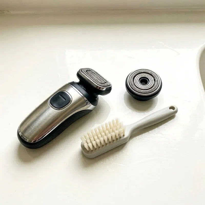 an electric shaver placed beside a small cleaning brush and a removable shaver head, arranged neatly on a clean white bathroom surface to suggest maintenance and care