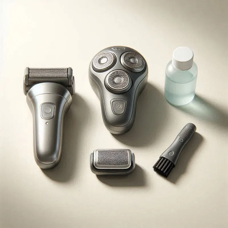 a foil electric shaver and a rotary electric shaver placed side‑by‑side on a clean white bathroom surface, with a removable shaver head, a small cleaning brush, and a bottle of cleaning solution arranged neatly beside them to suggest comparison and proper maintenance