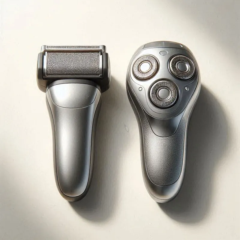 a foil electric shaver and a rotary electric shaver placed side‑by‑side on a clean white bathroom surface to highlight their differences