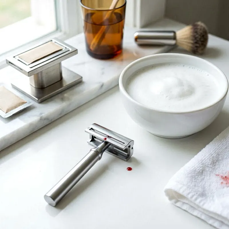 a safety razor resting beside a clean shaving bowl with smooth, even lather,