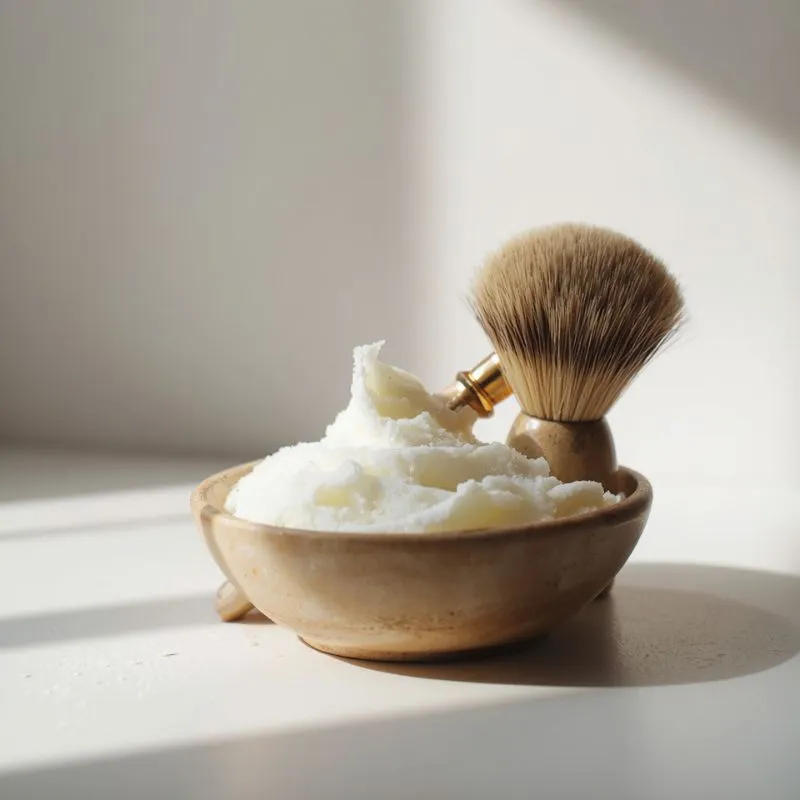 thick shaving lather in a ceramic bowl with a brush resting beside it