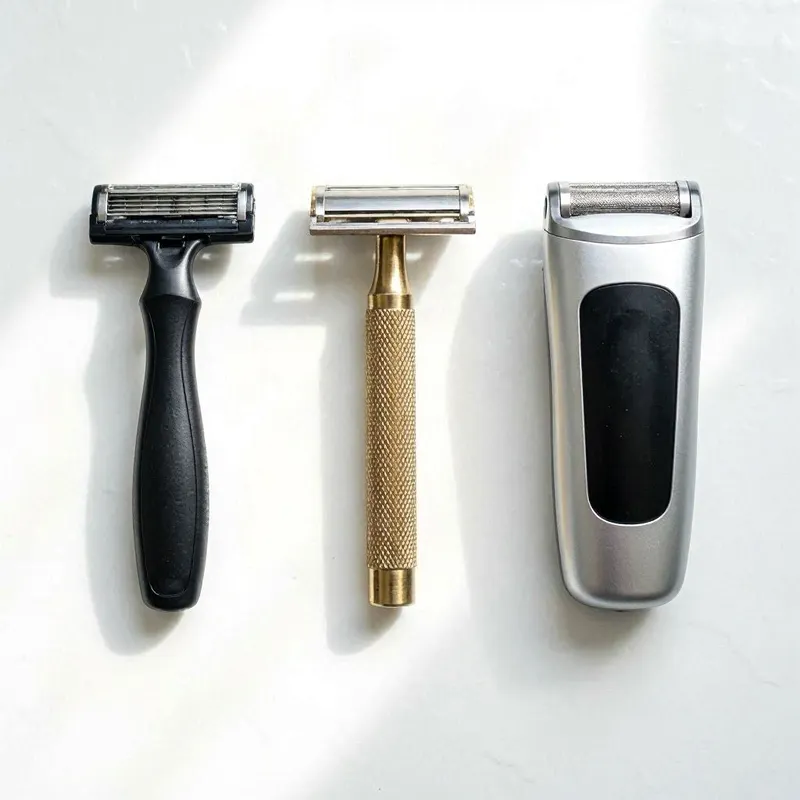 a cartridge razor, a safety razor, and an electric shaver — arranged neatly side‑by‑side on a clean white bathroom surface to represent choosing the right razor for skin and beard type