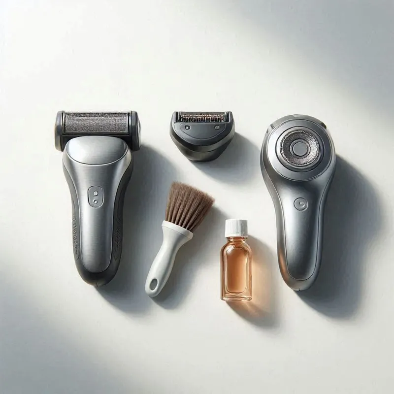 a foil electric shaver and a rotary electric shaver placed beside a removable shaver head, a small cleaning brush, and a bottle of cleaning solution, all arranged neatly on a clean white bathroom surface to suggest proper cleaning and maintenance