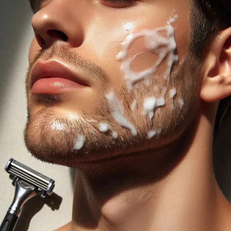 male face with uneven lather, using a safety razor and subtle patches of foam spread irregularly to suggest patchy shaving results