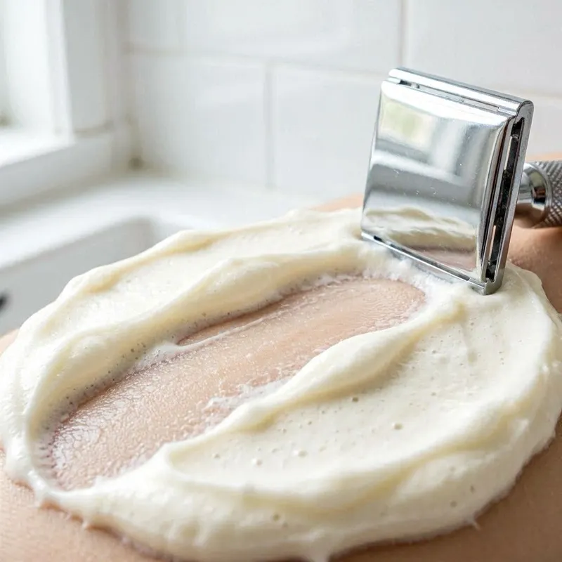 a safety razor gliding smoothly through rich, hydrated shaving lather with a clean, even path cut through the foam to suggest reduced tugging and pulling