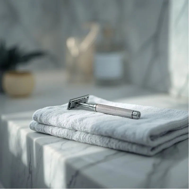 Cartridge razor resting on a folded towel