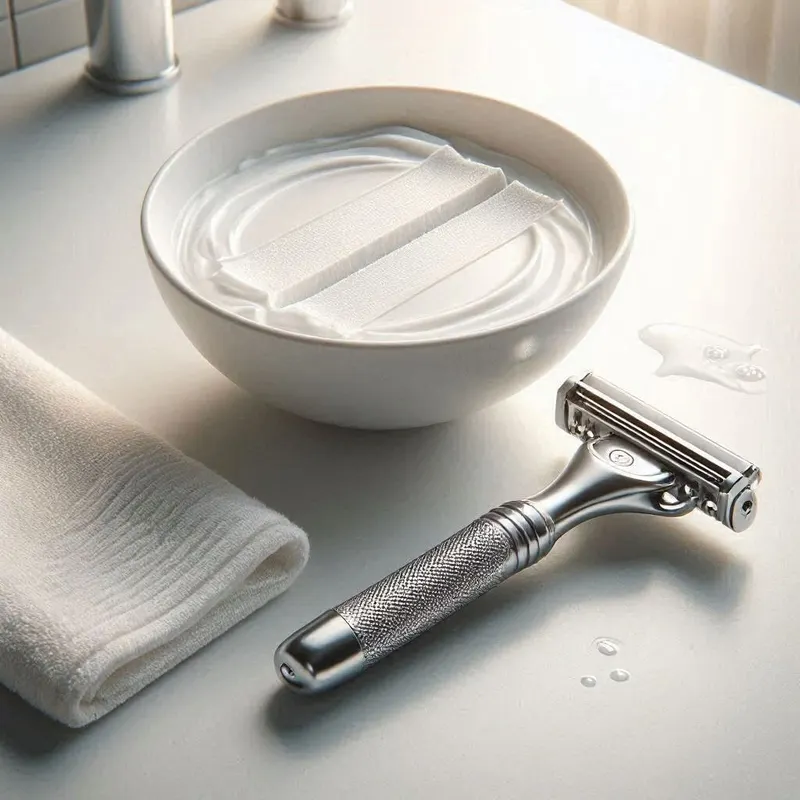 a safety razor placed beside a shaving bowl filled with smooth lather, with a single clean, straight shaving path cut through the foam on a white bathroom surface to subtly suggest step‑by‑step technique