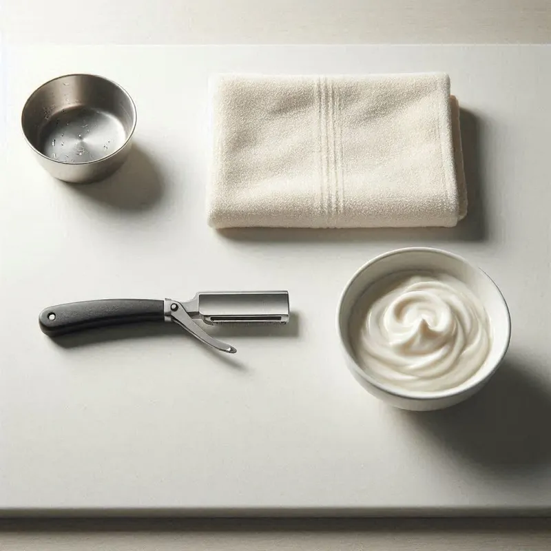 a straight razor placed beside a shaving bowl filled with smooth lather, with a single clean, straight path cut through the foam on a white bathroom surface to subtly suggest step‑by‑step shaving technique
