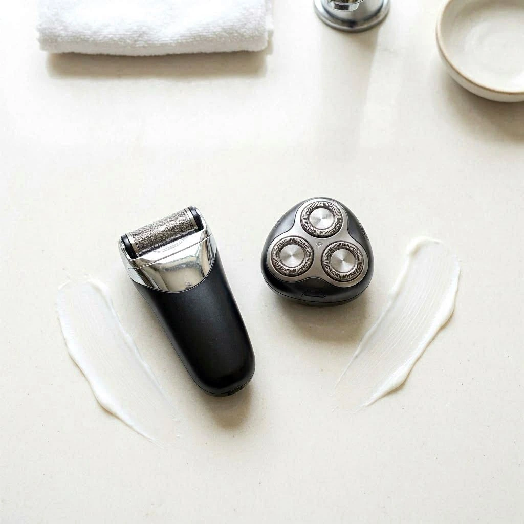 a foil electric shaver and a rotary electric shaver placed side‑by‑side on a clean white bathroom surface, with two smooth shaving‑lather strokes arranged beside them to subtly suggest shaving technique and direction
