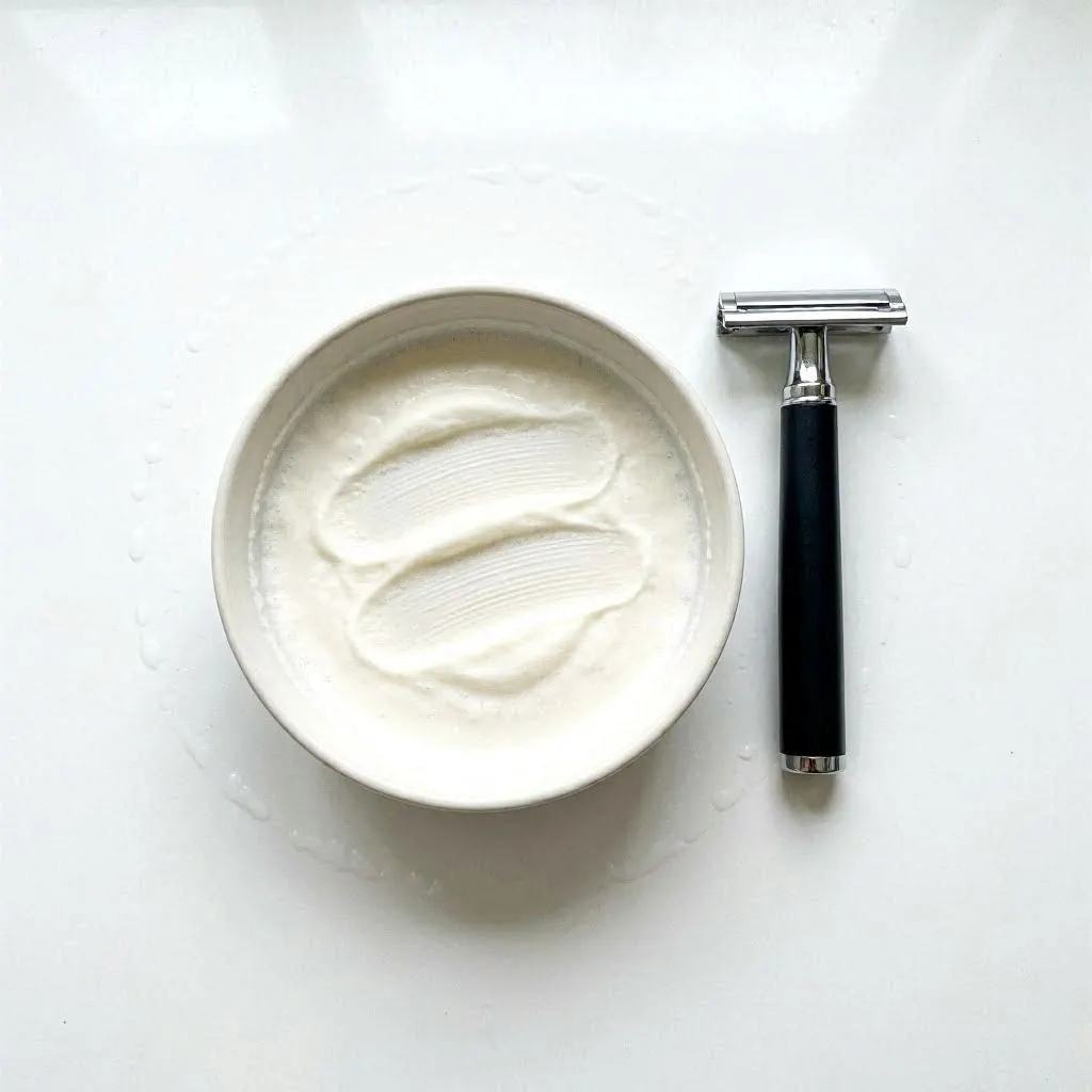a safety razor beside a shaving bowl with smooth lather, with three clean parallel swipe marks through the foam on a white bathroom surface to represent with‑the‑grain, across‑the‑grain, and against‑the‑grain passes