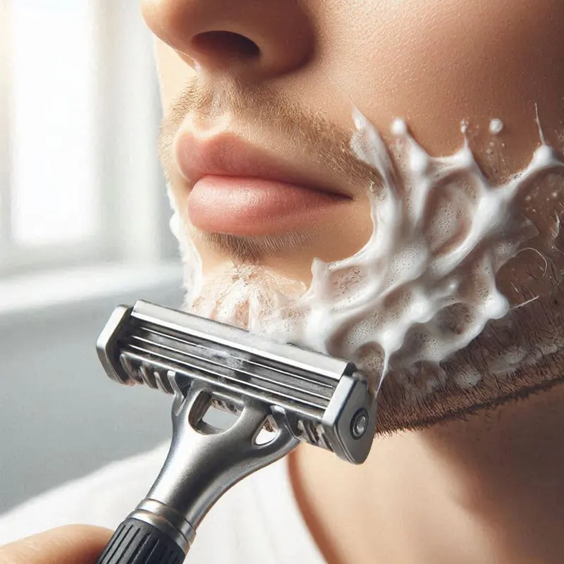 safety razor gliding through thick shaving lather on a male face with subtle signs of resistance in the foam to suggest tugging and pulling