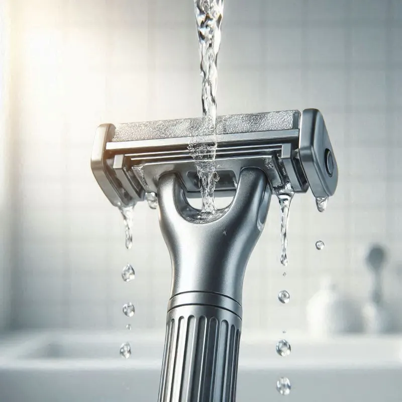 a razor being rinsed under warm running water with shaving foam washing away,