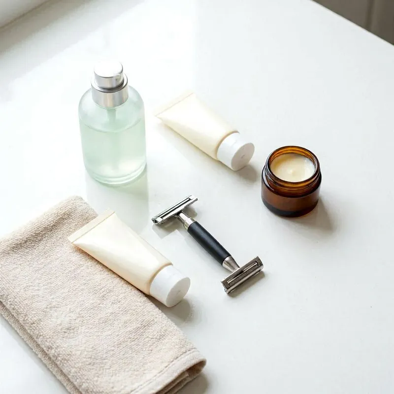 ingrown‑hair prevention essentials including a gentle exfoliant, a mild shaving cream, a safety razor, and a soothing aftershave balm