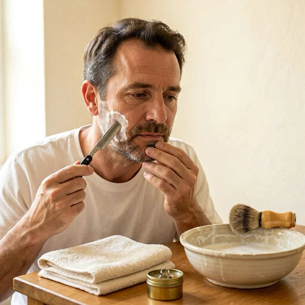 man shaving using a straight razor (cutthroat)