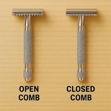 an open comb safety razor beside a closed comb safety razor