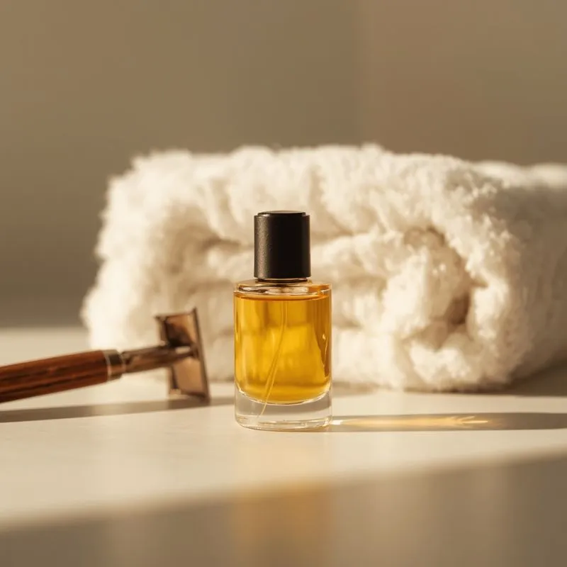 a small grooming oil bottle with a razor and towel