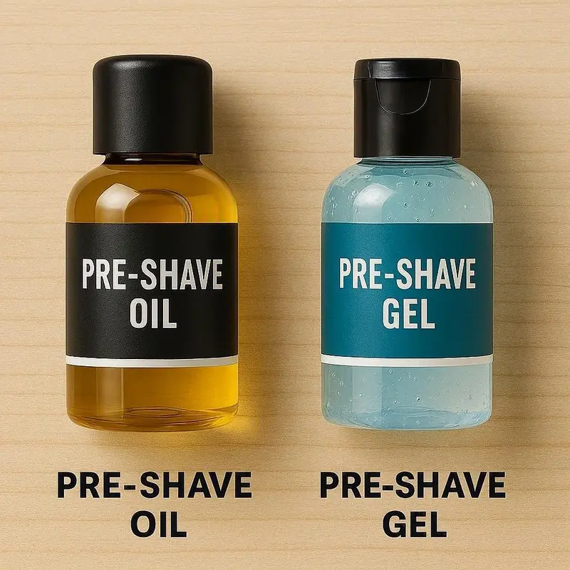 bottle of pre-shave oil beside a tube of pre-shave gel