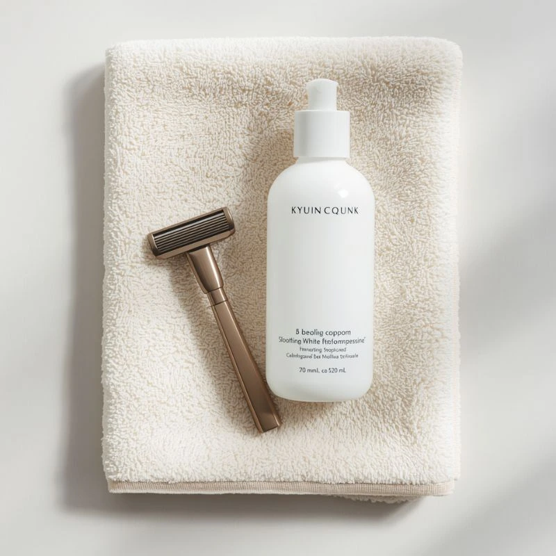 a razor beside a soothing skincare bottle on a soft towel
