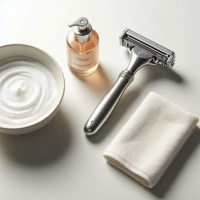 a safety razor placed beside a shaving bowl with smooth lather, a soothing aftershave balm, and a small soft towel, all arranged neatly on a clean white bathroom surface to suggest troubleshooting and improving shaving comfort