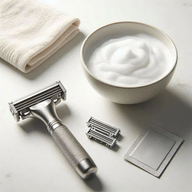a safety razor placed beside a small selection of razor blades, a shaving bowl filled with smooth lather, and a soft towel, all arranged neatly on a clean white bathroom surface to suggest technique, blade choice, and better shaving