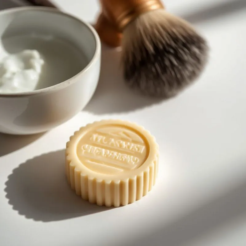 Shaving soap puck with brush and lather bowl arranged neatly on a clean white surface
