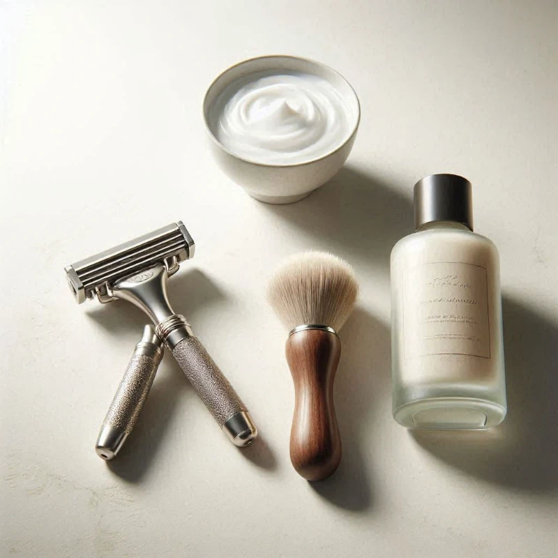 premium shaving essentials including a safety razor, shaving brush, shaving bowl with smooth lather, and a soothing aftershave balm, all arranged neatly on a clean white bathroom surface to suggest expert shaving tips and a refined shaving routine