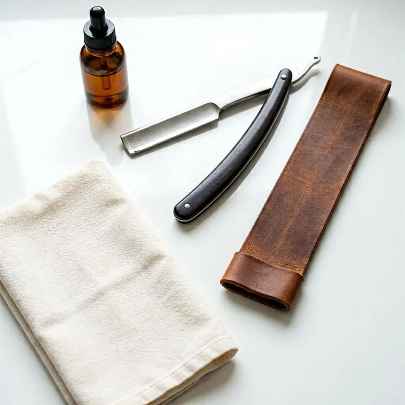 a straight razor opened safely and placed beside a leather strop, a soft cloth, and a small bottle of razor oil, all arranged neatly on a clean white bathroom surface to suggest careful maintenance and proper razor care,