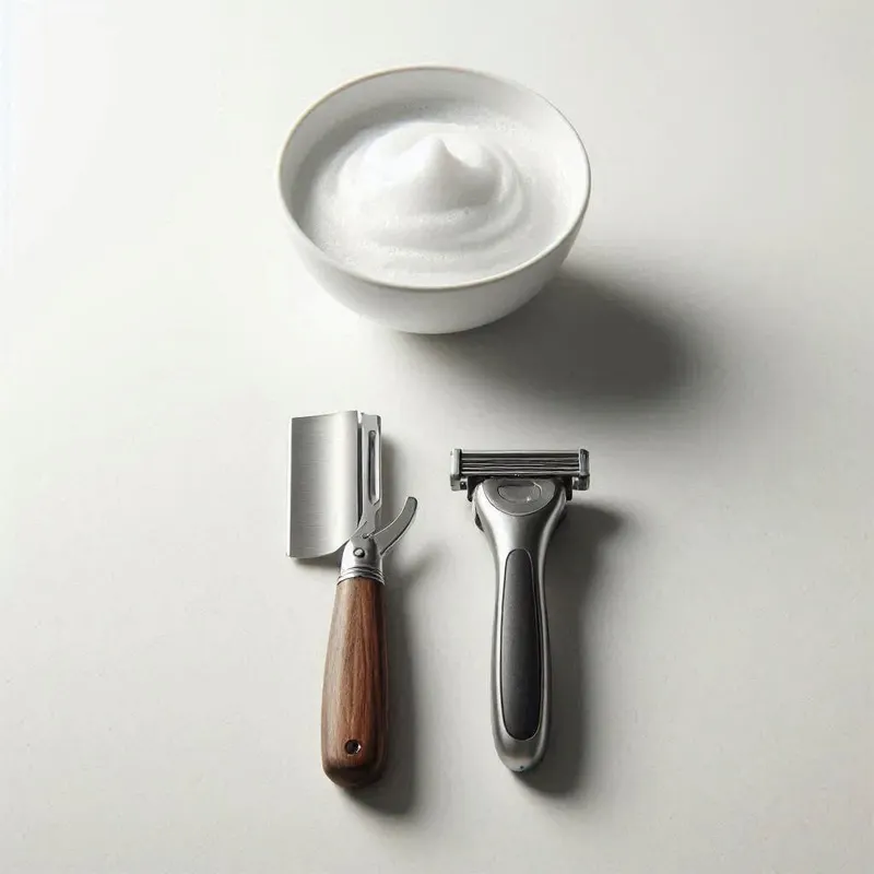 a straight razor and a shavette placed side‑by‑side on a clean white bathroom surface to highlight their differences