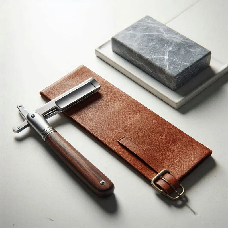 a straight razor placed beside a leather strop and a honing stone, arranged neatly on a clean white bathroom surface to suggest traditional shaving, stropping, and honing