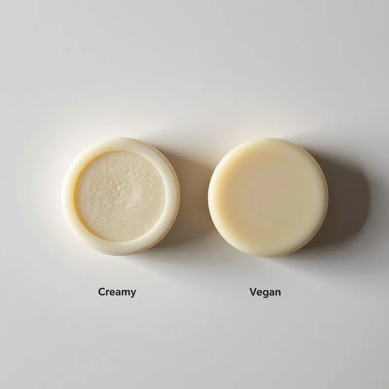 two shaving soap pucks, one creamy tallow‑like, one smooth vegan‑like