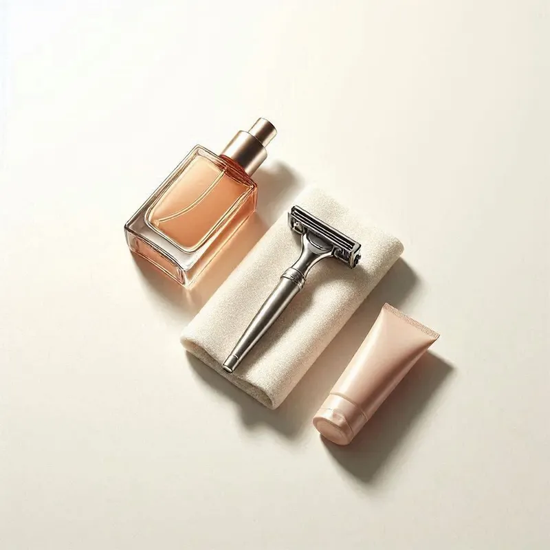 aftershave balm bottle, a safety razor placed neatly beside a soft folded towel, and a small soothing skincare tube