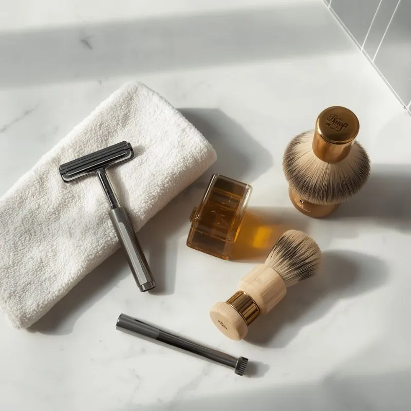 pre‑shave essentials: razor, towel, shaving brush, and oil bottle on a clean bathroom surface