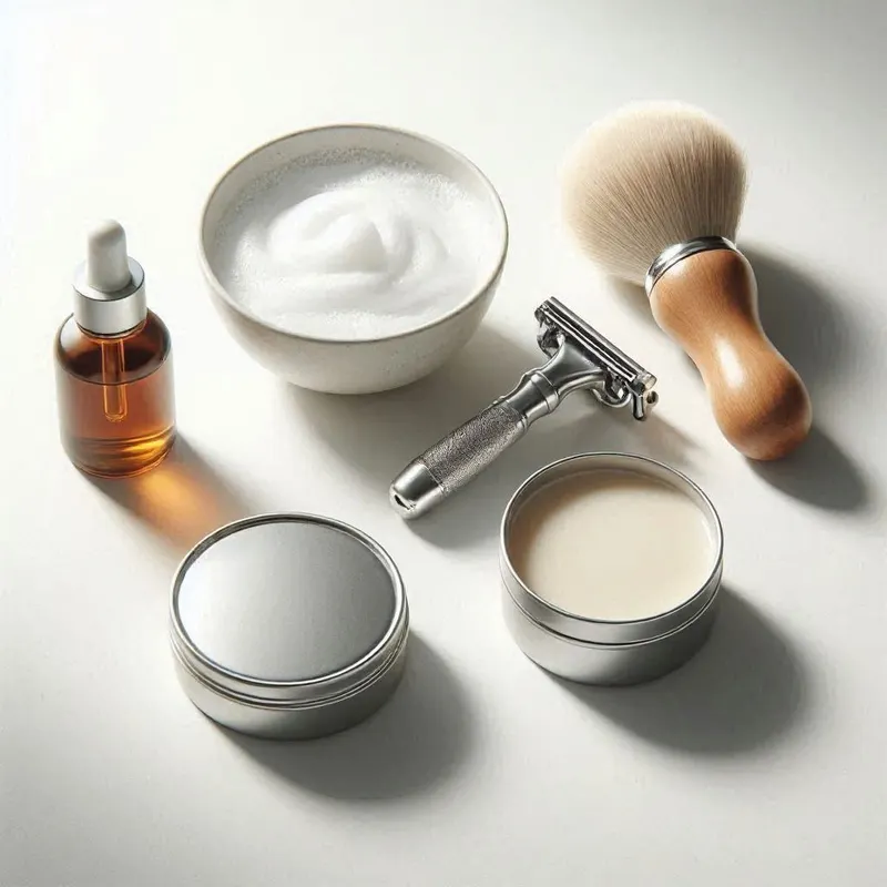 a complete shaving setup including a safety razor, shaving brush, lather bowl with foam, pre‑shave oil bottle, and aftershave balm