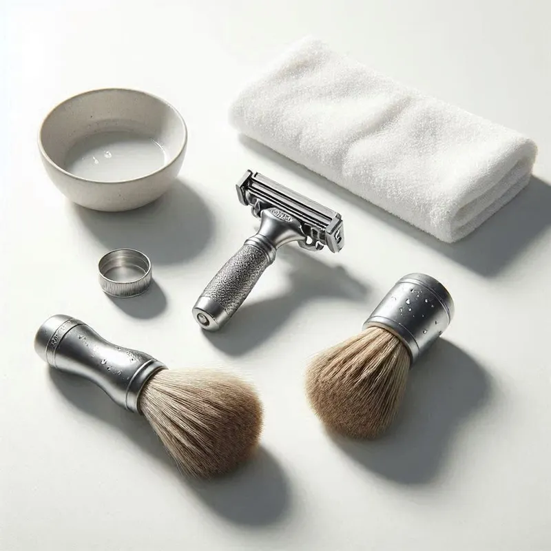 a safety razor disassembled into parts, a shaving brush drying on its side, a soft towel, and a small cleaning bowl